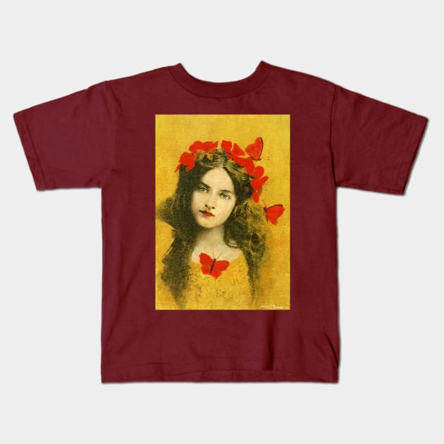 Vintage Portrait Girl On Gold Kids T-Shirt by mictomart